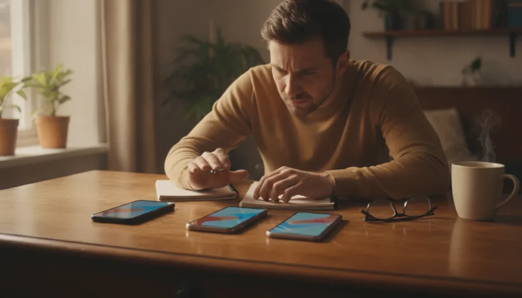 persona comparando tres smartphones Xiaomi sobre una mesa para decidir cual comprar