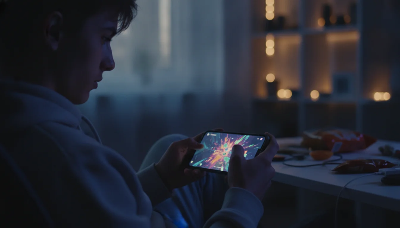 Joven jugando en un smartphone Xiaomi con pantalla brillante en habitación oscura