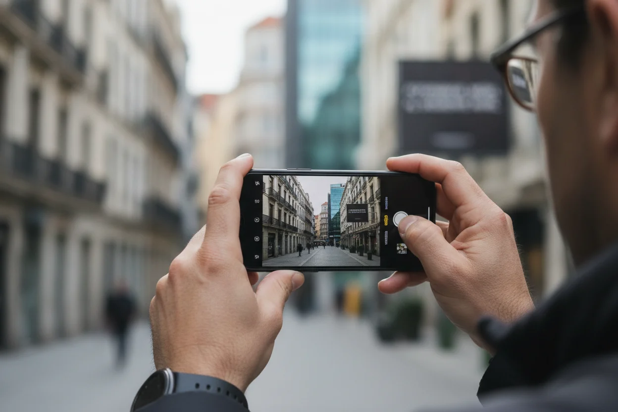 Persona usando el zoom de un móvil para fotografiar una calle urbana