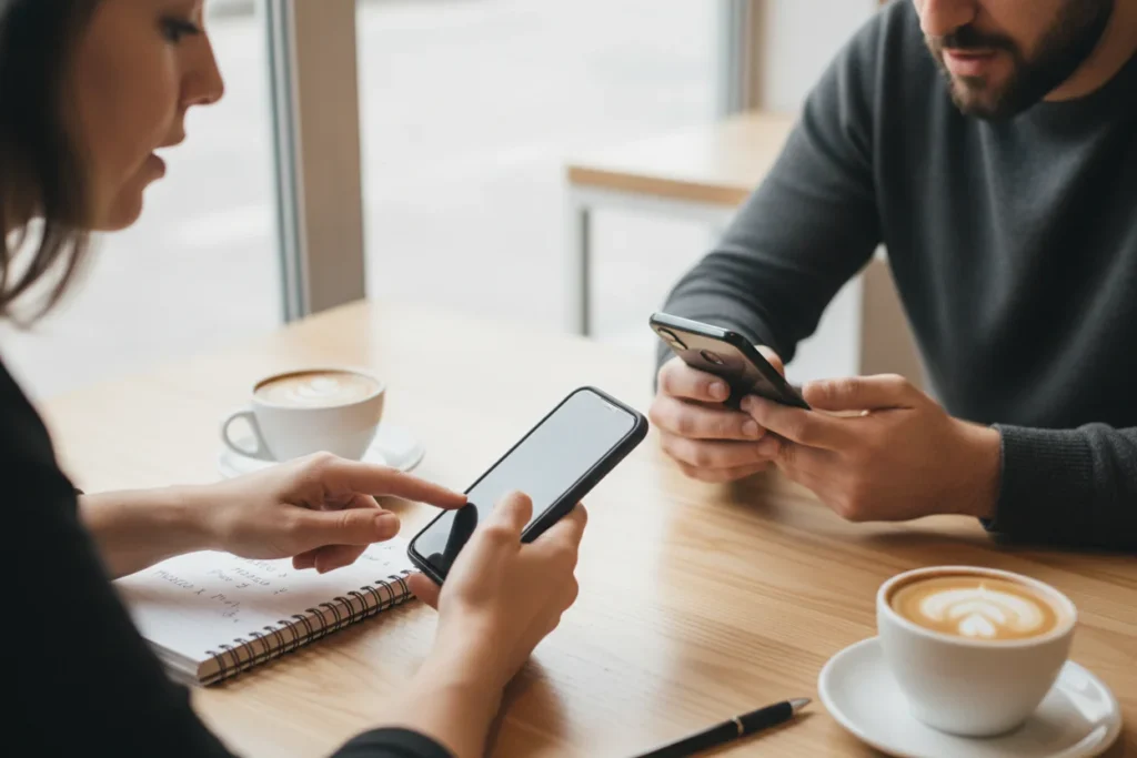 Dos personas comparando un iPhone y un Xiaomi antes de decidir cuál comprar