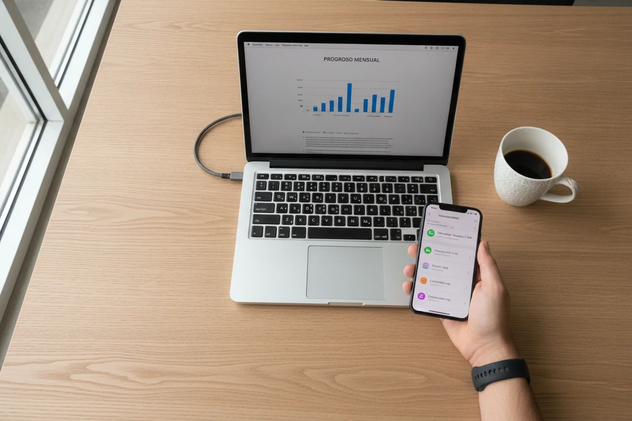 Usuario con MacBook y reloj inteligente revisando notificaciones en el móvil