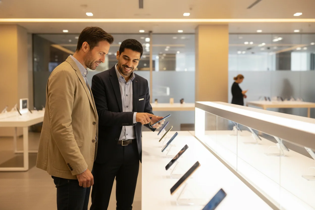 pareja recibiendo asesoramiento en tienda para elegir el mejor iPhone segun su presupuesto
