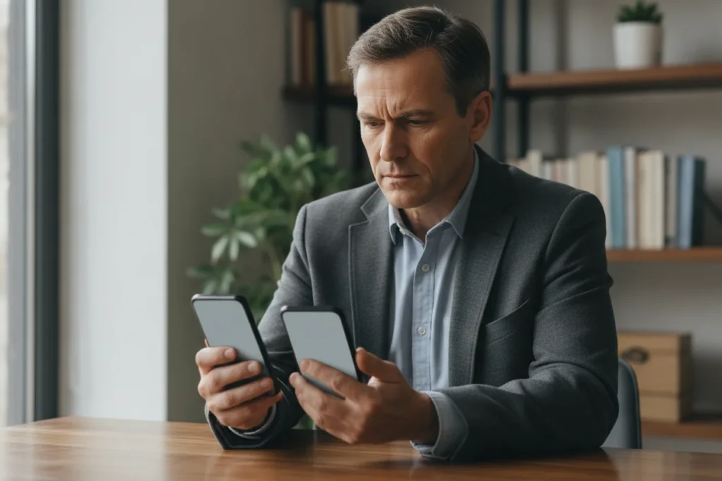 persona comparando dos iPhones sobre una mesa para decidir cual comprar
