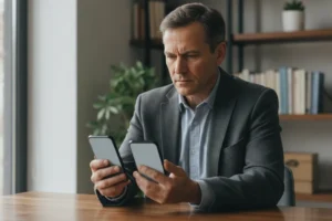 persona comparando dos iPhones sobre una mesa para decidir cual comprar