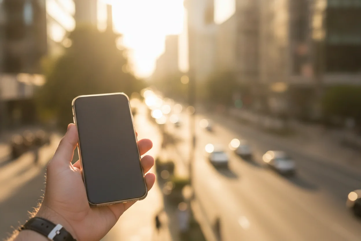 mano sosteniendo un iPhone en la calle en un momento de uso cotidiano