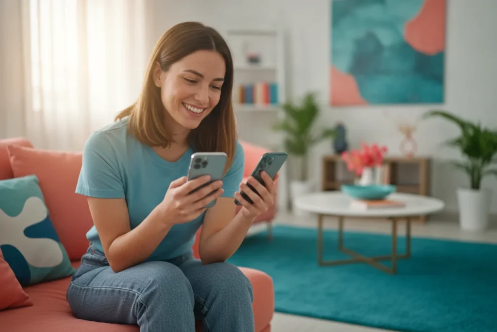 Joven comparando dos moviles en un salon luminoso para elegir cual comprar