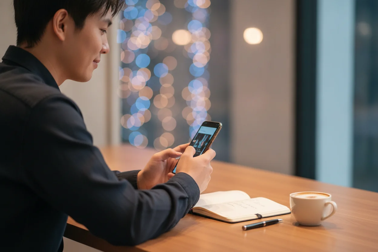 Joven editando videos para redes sociales en su movil junto a un cafe