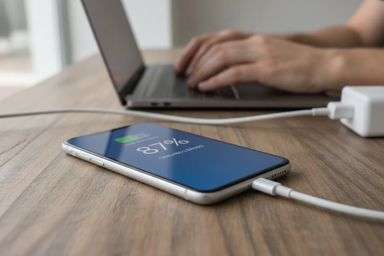 Móvil cargando rápido con cable mientras el usuario trabaja en su ordenador