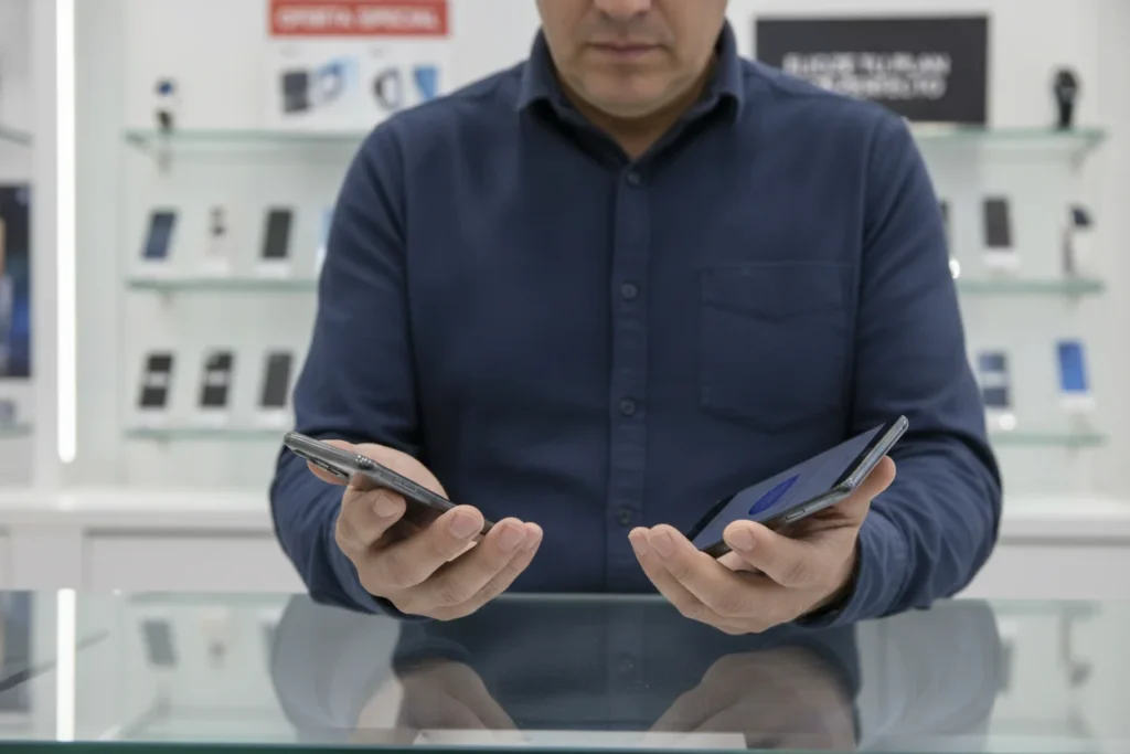 Persona comparando dos móviles en una tienda para elegir el mejor por 300 euros