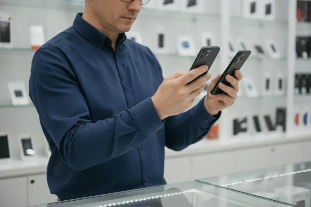 persona comparando dos smartphones en una tienda de electronica antes de decidir su compra