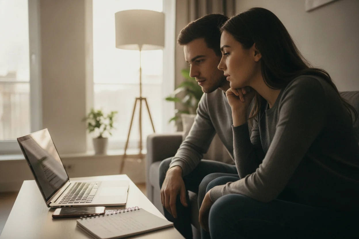pareja revisando una comparativa de smartphones en un portatil para elegir el mejor modelo
