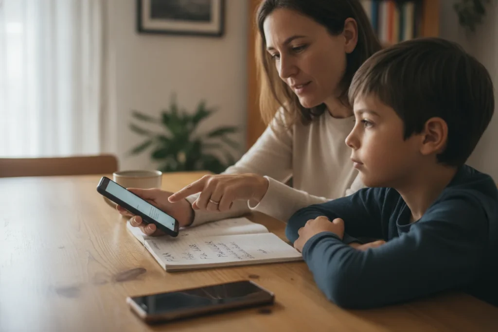 Madre e hijo comparando dos moviles sentados a la mesa antes de elegir