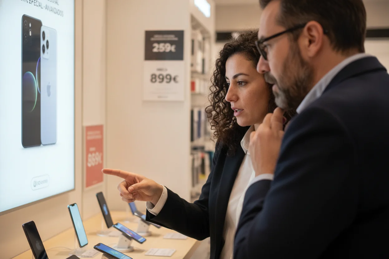 dos personas comparando modelos Samsung Galaxy en una tienda de electronica