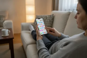 persona navegando la pantalla de inicio de un Samsung con One UI en el sofa