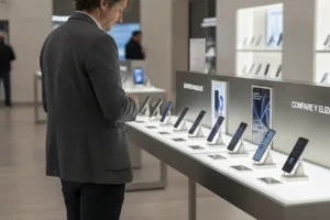 Persona en una tienda observando varios móviles de gama alta en el expositor antes de comparar