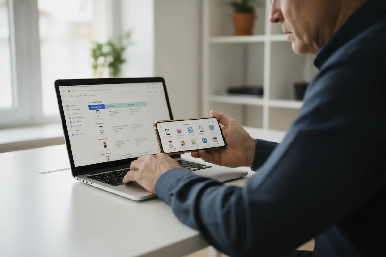 Persona eligiendo entre un Samsung y un iPhone consultando una comparativa en el ordenador