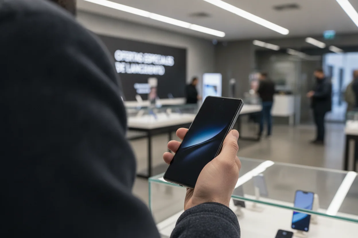 Persona sosteniendo un móvil de gama alta en una tienda mientras compara modelos