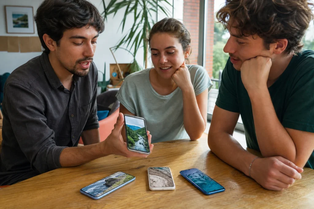 tres personas alrededor de una mesa comparan cuatro móviles distintos mientras una sostiene uno en alto
